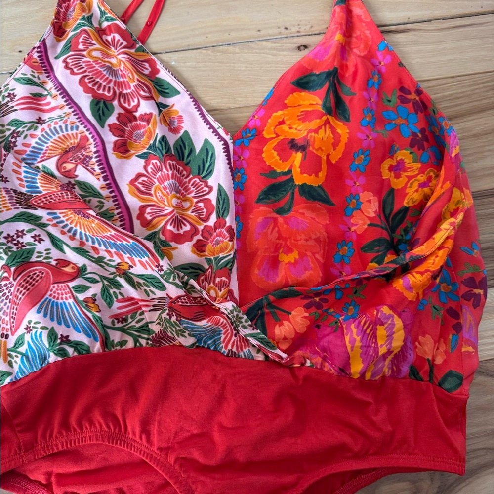 FARM Rio Red Floral Patchwork V-Neck Bodysuit